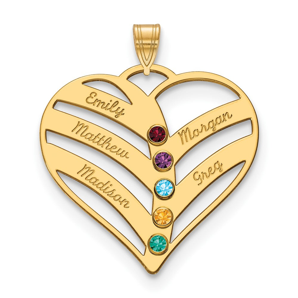 14K Yellow Gold 14Ky 5 Name Birthstones Bezel Cut Out Heart Pendant