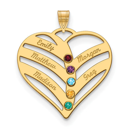 14K Yellow Gold 14Ky 5 Name Birthstones Bezel Cut Out Heart Pendant