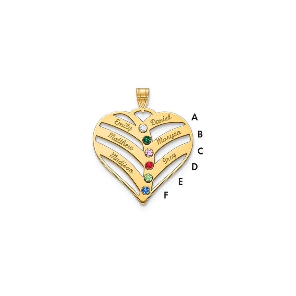 14K Yellow Gold 14Ky 6 Name Birthstones Bezel Cut Out Heart Pendant