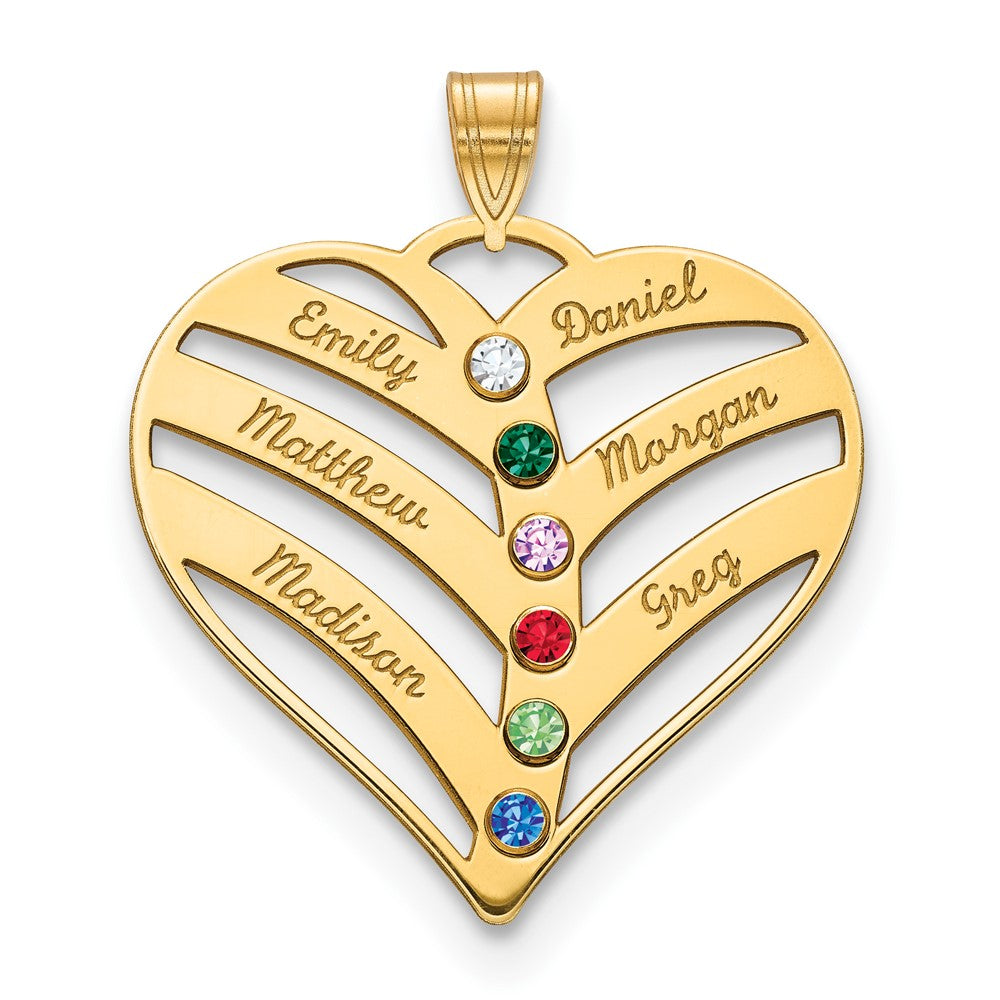 14K Yellow Gold 14Ky 6 Name Birthstones Bezel Cut Out Heart Pendant