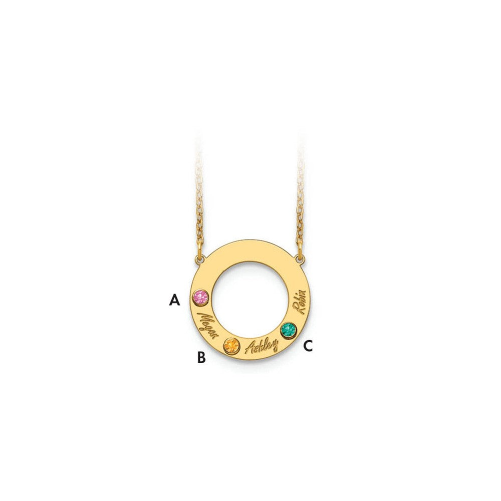 14K Yellow Gold 14Ky 3 Name And Birthstone W/ Bezel Cut Out Circle Necklace