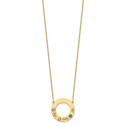 14K Yellow Gold 14Ky 3 Name And Birthstone W/ Bezel Cut Out Circle Necklace