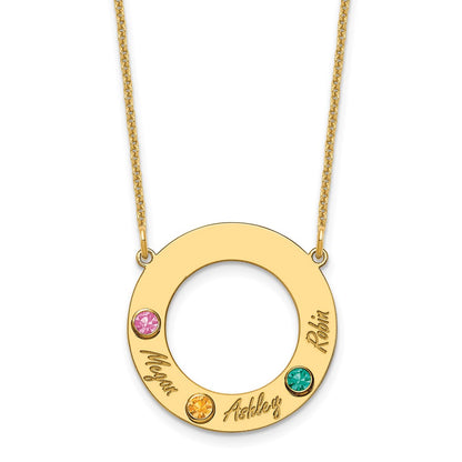 14K Yellow Gold 14Ky 3 Name And Birthstone W/ Bezel Cut Out Circle Necklace
