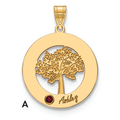 14K Yellow Gold 14Ky Family Tree In Circle 1 Name And Birthstone W/ Bezel Pendant