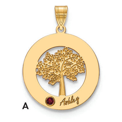 14K Yellow Gold 14Ky Family Tree In Circle 1 Name And Birthstone W/ Bezel Pendant