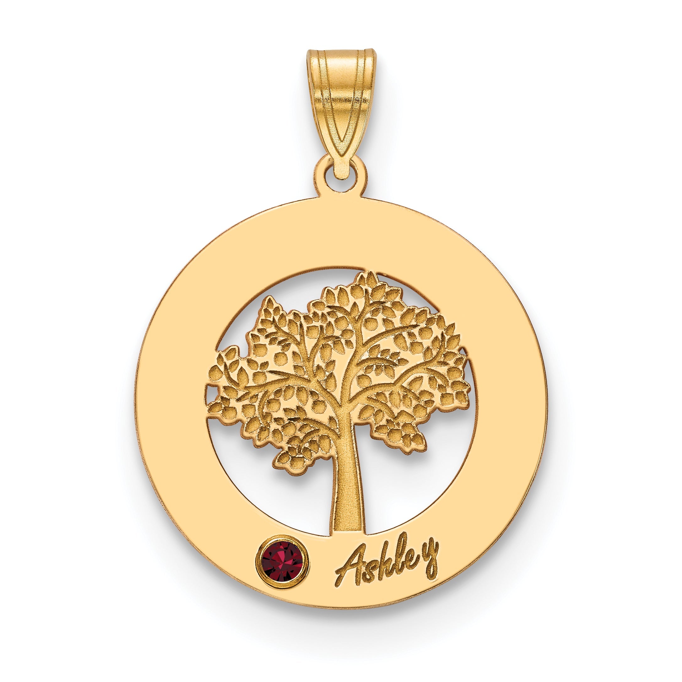 14K Yellow Gold 14Ky Family Tree In Circle 1 Name And Birthstone W/ Bezel Pendant