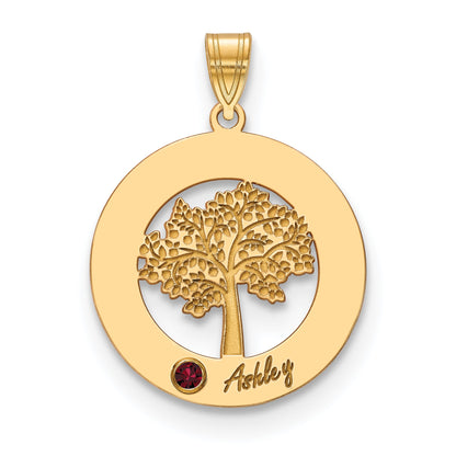 14K Yellow Gold 14Ky Family Tree In Circle 1 Name And Birthstone W/ Bezel Pendant