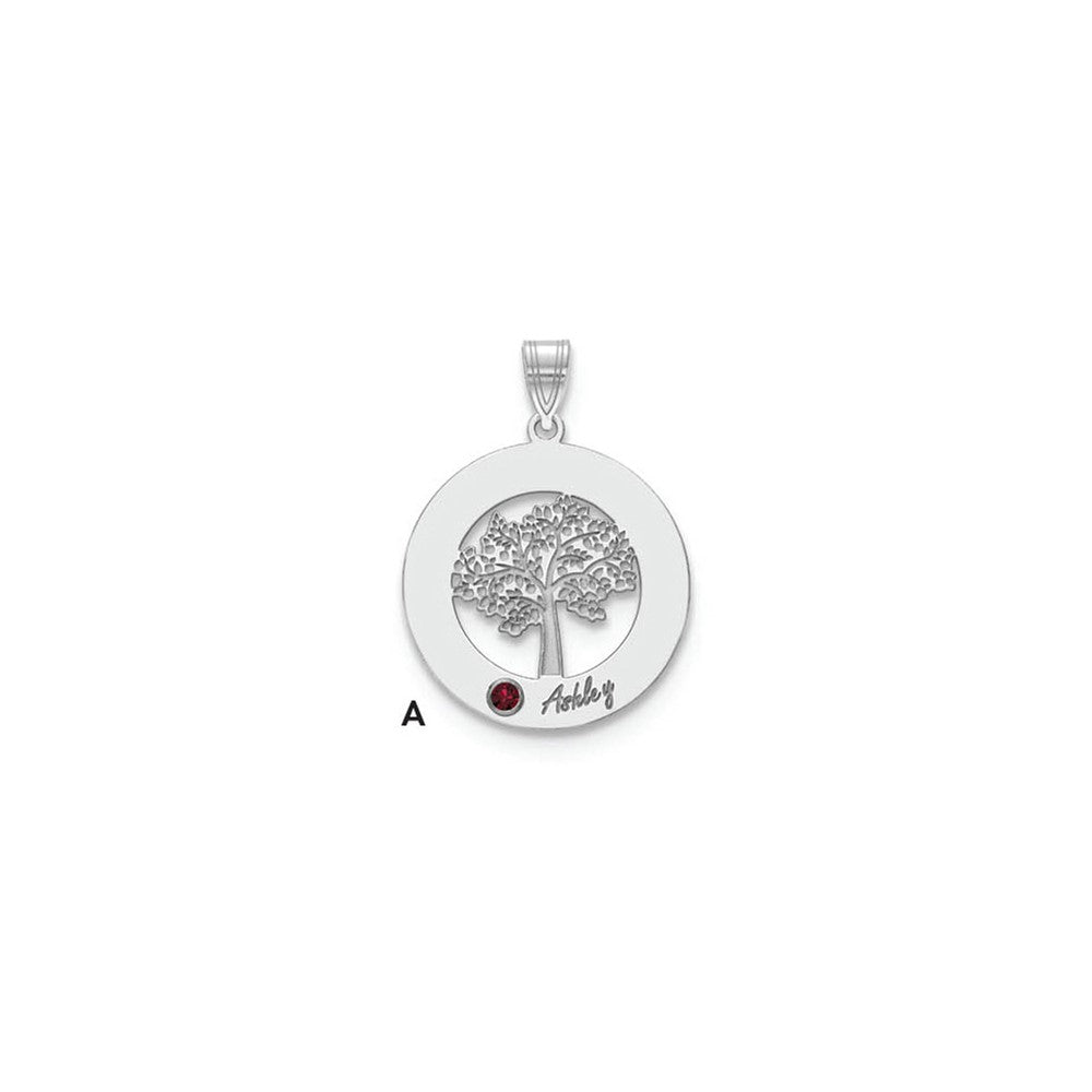 14K White Gold 14Kw Family Tree Circle 1 Names & Birthstones W/ 18K Rhodium Plated Bezel