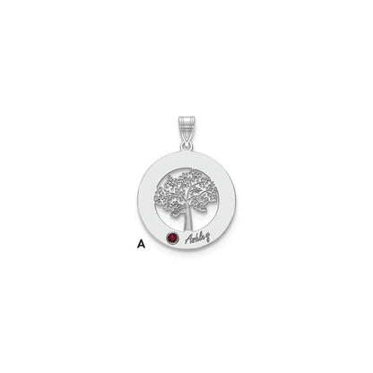14K White Gold 14Kw Family Tree Circle 1 Names & Birthstones W/ 18K Rhodium Plated Bezel