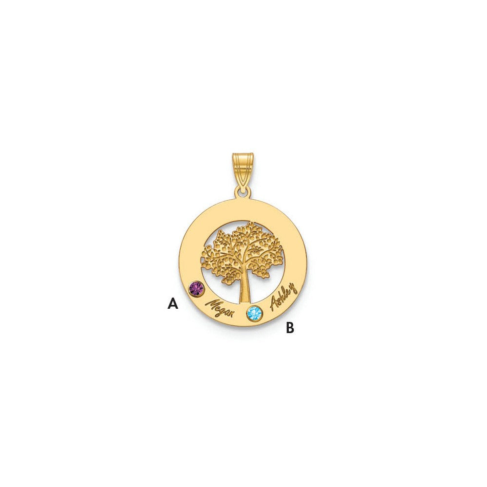 14K Yellow Gold 14Ky Family Tree In Circle 2 Names And Birthstones W/ Bezel Pendant