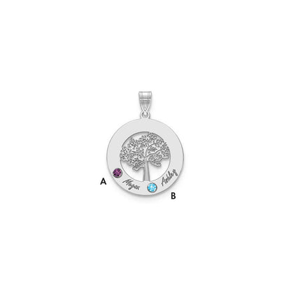 14K White Gold 14Kw Family Tree Circle 2 Names & Birthstones W/ 18K Rhodium Plated Bezels