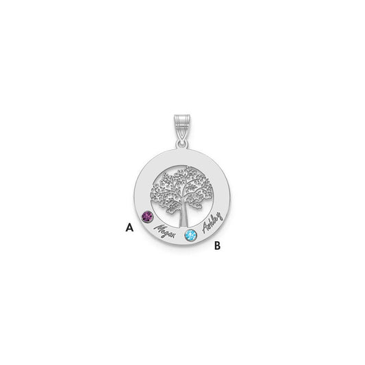 14K White Gold 14Kw Family Tree Circle 2 Names & Birthstones W/ 18K Rhodium Plated Bezels