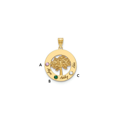 14K Yellow Gold 14Ky Family Tree In Circle 3 Names And Birthstones W/ Bezel Pendant