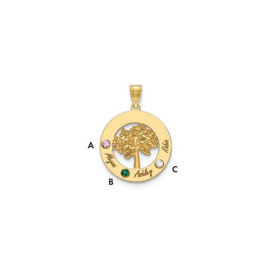 14K Yellow Gold 14Ky Family Tree In Circle 3 Names And Birthstones W/ Bezel Pendant