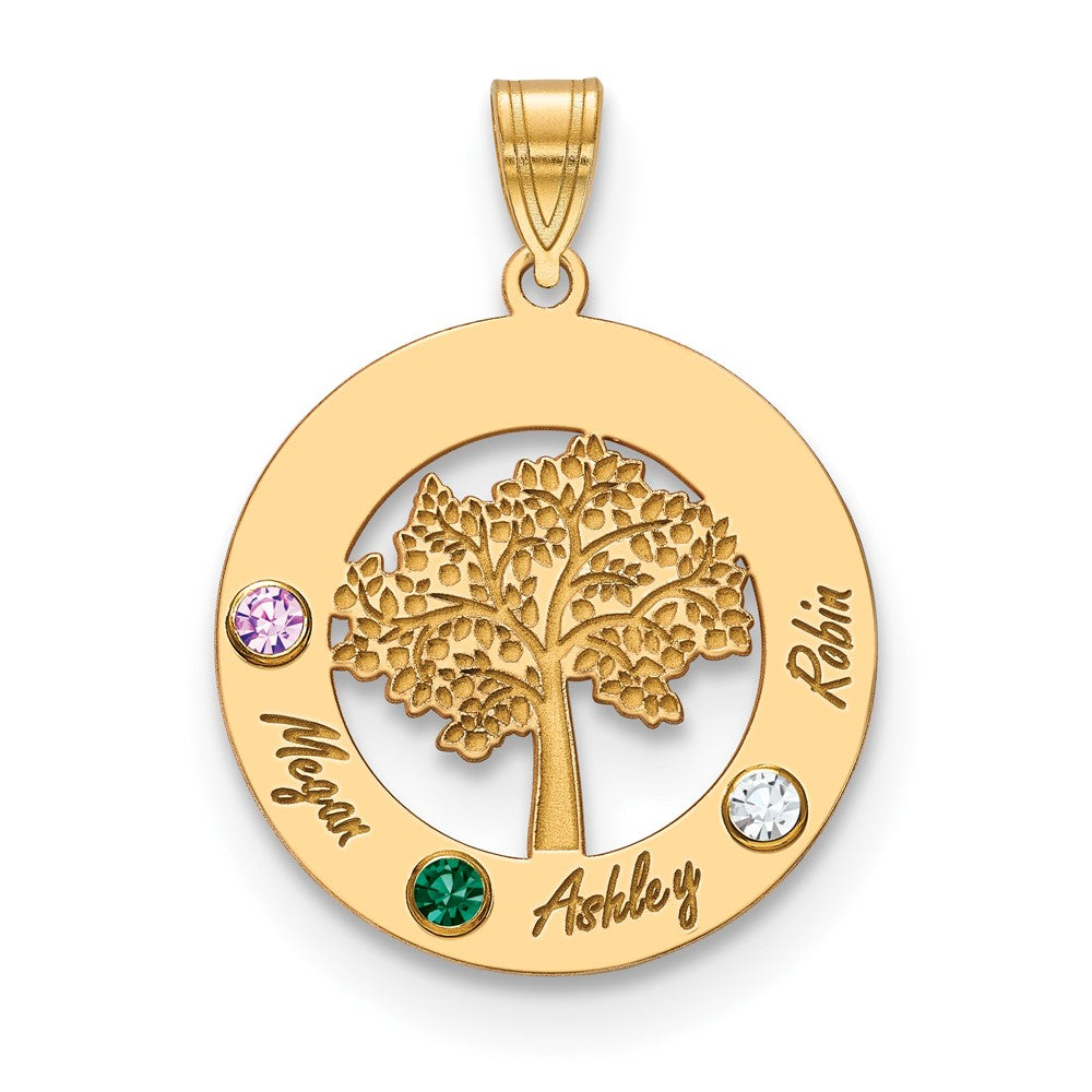 14K Yellow Gold 14Ky Family Tree In Circle 3 Names And Birthstones W/ Bezel Pendant