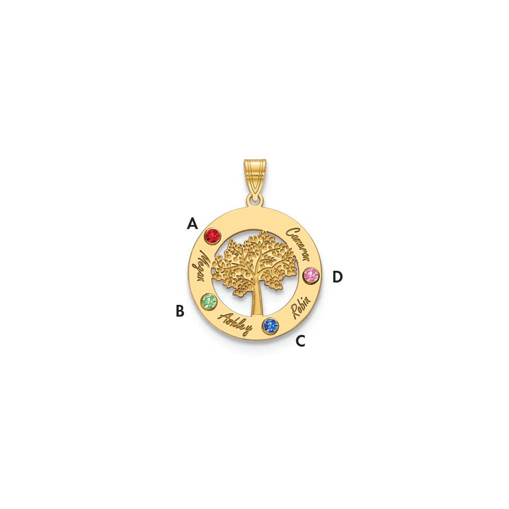 14K Yellow Gold 14Ky Family Tree In Circle 4 Names And Birthstones W/ Bezel Pendant