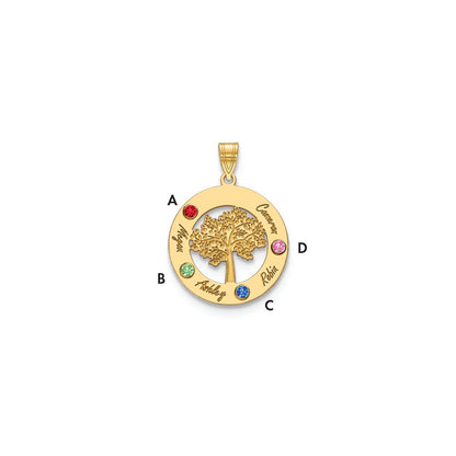 14K Yellow Gold 14Ky Family Tree In Circle 4 Names And Birthstones W/ Bezel Pendant
