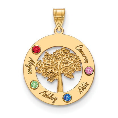 14K Yellow Gold 14Ky Family Tree In Circle 4 Names And Birthstones W/ Bezel Pendant