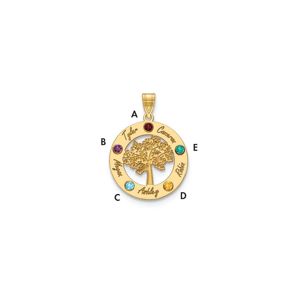 14K Yellow Gold 14Ky Family Tree In Circle 5 Names And Birthstones W/ Bezel Pendant