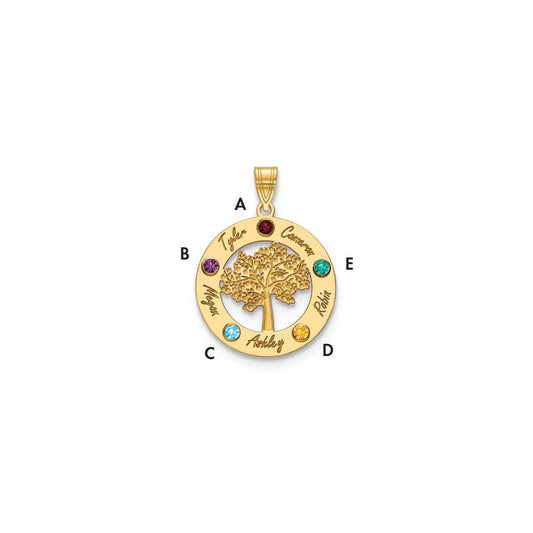 14K Yellow Gold 14Ky Family Tree In Circle 5 Names And Birthstones W/ Bezel Pendant