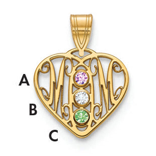 14K Yellow Gold 14Ky Mom In Heart 3 Birthstones Bezel Pendant