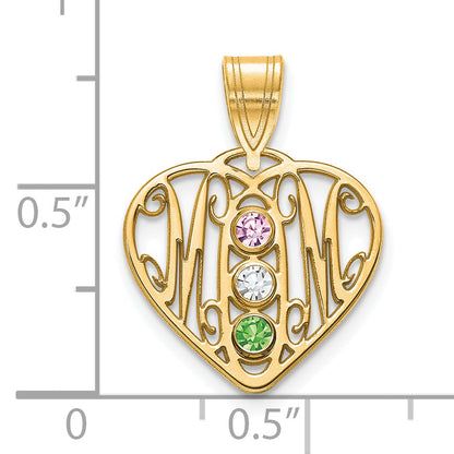 14K Yellow Gold 14Ky Mom In Heart 3 Birthstones Bezel Pendant