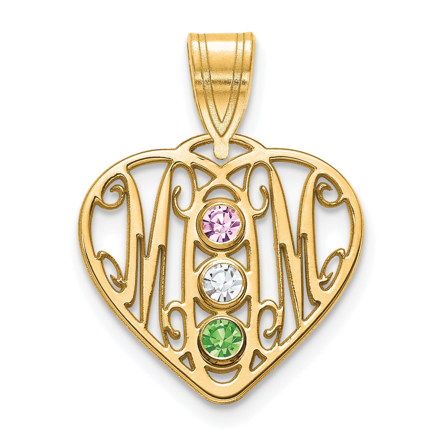 14K Yellow Gold 14Ky Mom In Heart 3 Birthstones Bezel Pendant
