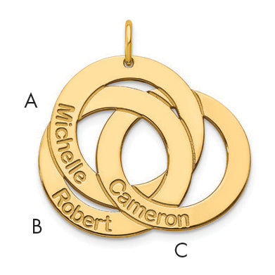 14K Yellow Gold 3 Interlocking Circles With Names Charm
