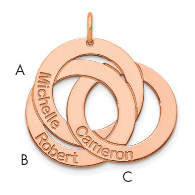 Rose Plated Sterling Silver/Rose 3 Interlocking Circles With Names Charm