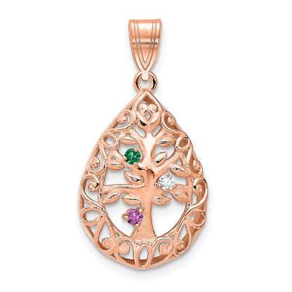 Rose Plated Sterling Silver/Rose 3 Birthstone Tree Of Life Tear Drop Pendant