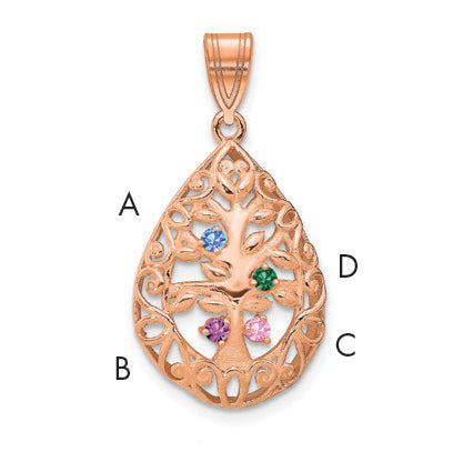 14K Rose Gold 4 Birthstone Tree Of Life Tear Drop Pendant