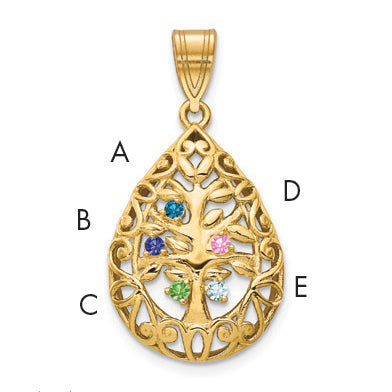 14K Yellow Gold 14Ky 5 Birthstone Tree Of Life Tear Drop Pendant