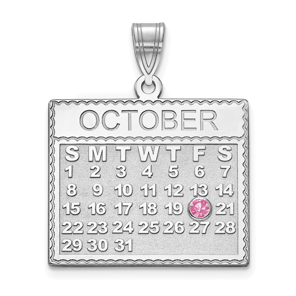 14K White Gold Wg Calendar W/ Rhod Plated Bezel Birthstone Pendant