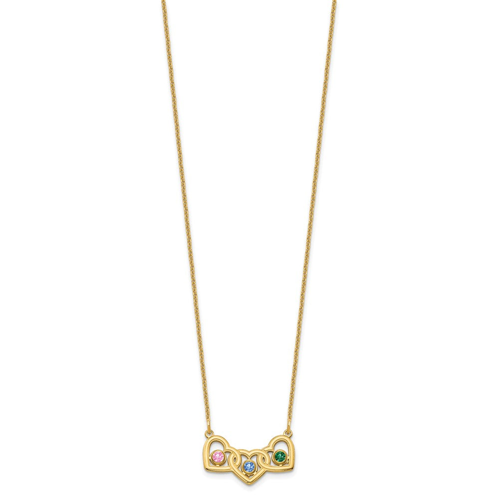 14K Yellow Gold 14Ky 3 Hearts Birthstones W/ Bezel Necklace