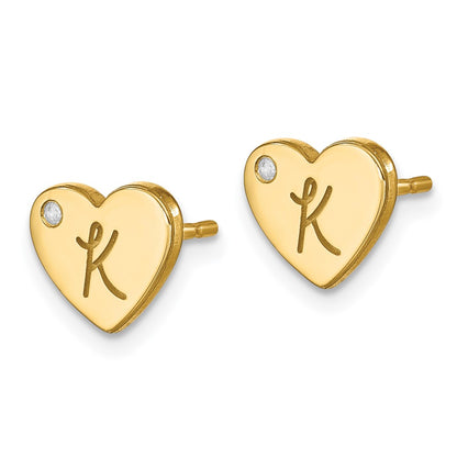 Gold Plated Sterling Silver/Gold Initial Heart With Diamond Post Earrings