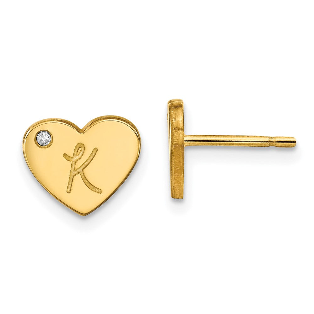 Gold Plated Sterling Silver/Gold Initial Heart With Diamond Post Earrings
