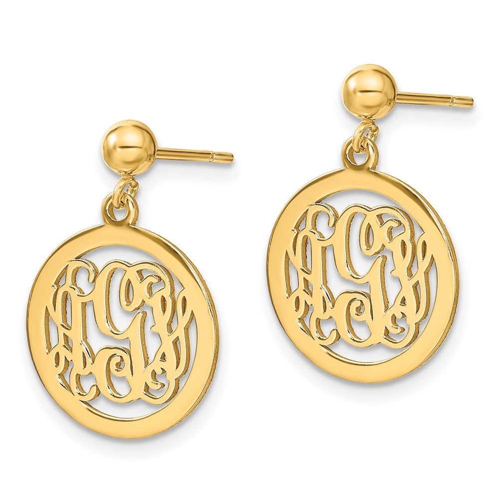 14K Yellow Gold Round Monogram Dangle Earrings