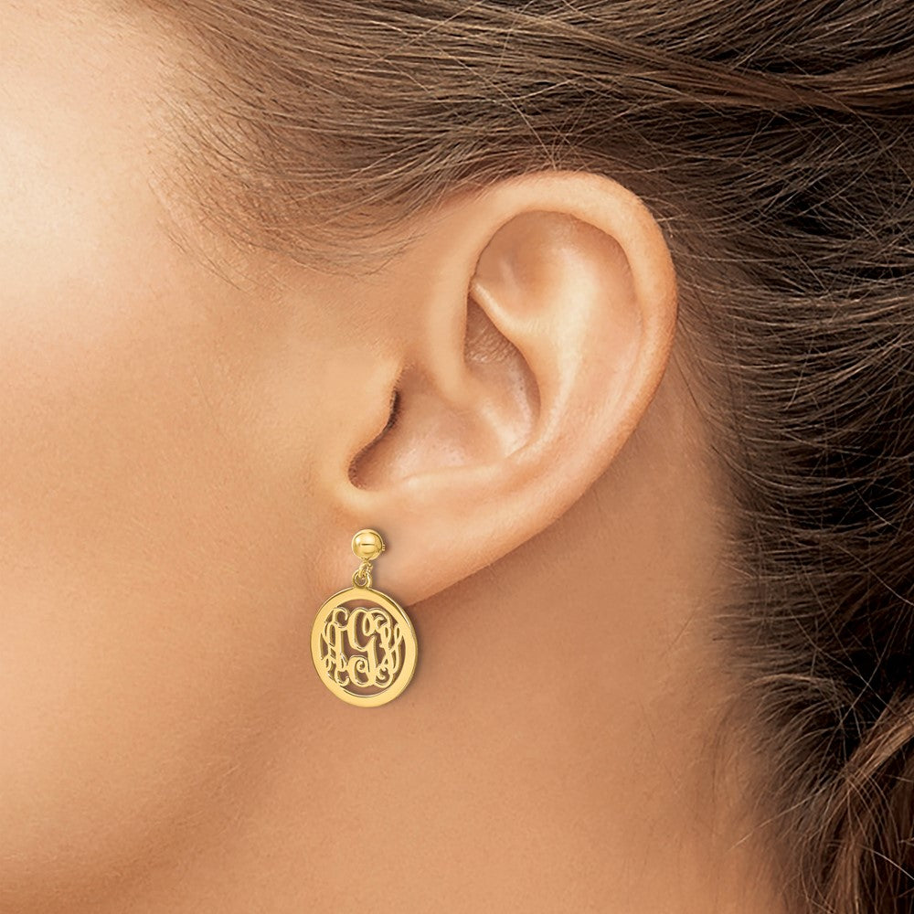 Gold Plated Sterling Silver/Gold Round Monogram Dangle Earrings