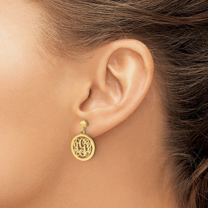 Gold Plated Sterling Silver/Gold Round Monogram Dangle Earrings