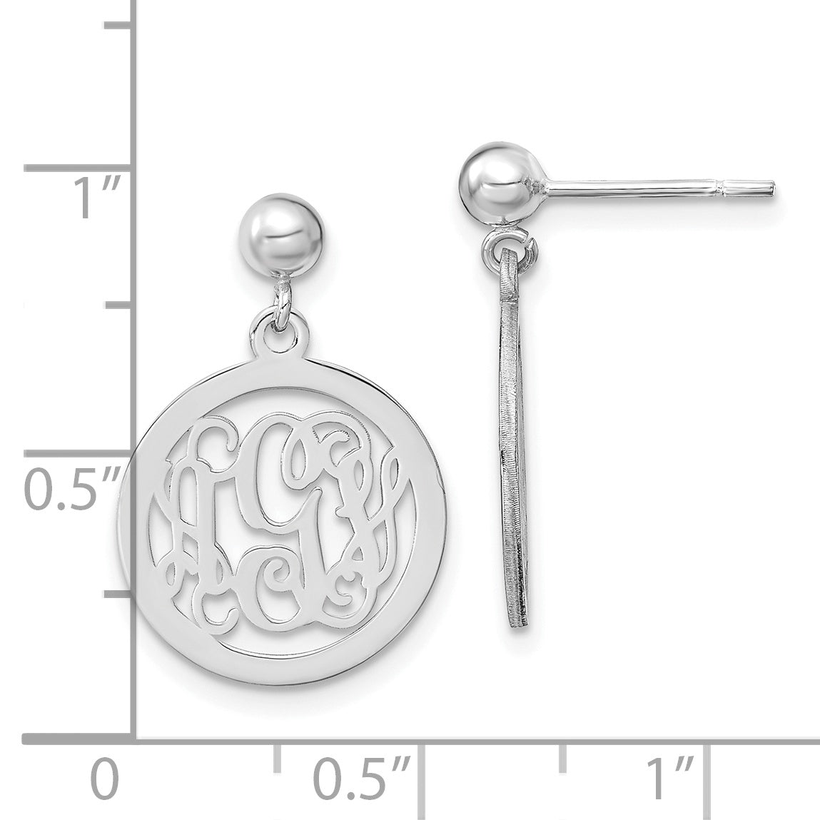 Sterling Silver Silver/Rhodium Plated Round Monogram Dangle Earrings