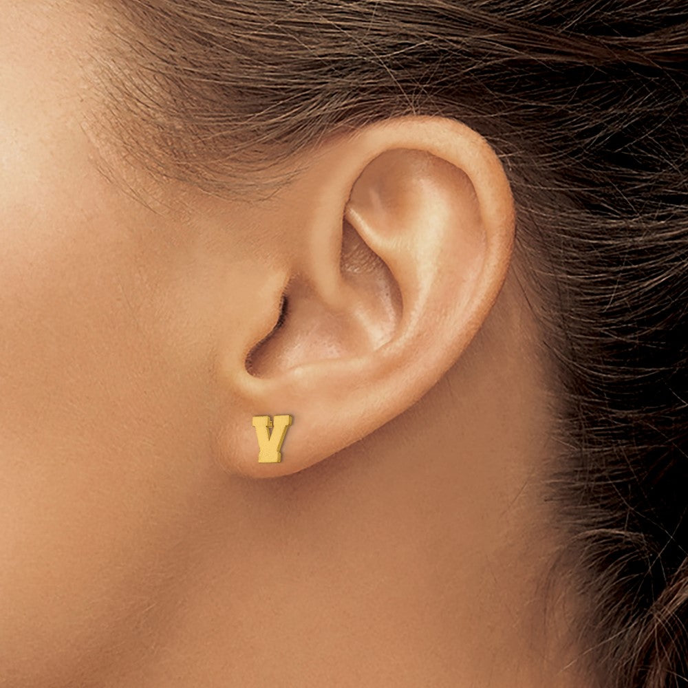 Gold Plated Sterling Silver Brushed Letter V Initial Post Earrings