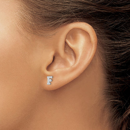 Sterling Silver Rhodium Plated Brushed Letter F Initial Post Earrings