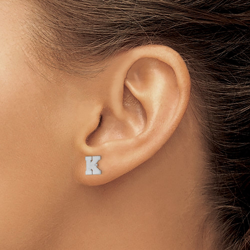 Sterling Silver Rhodium Plated Brushed Letter K Initial Post Earrings