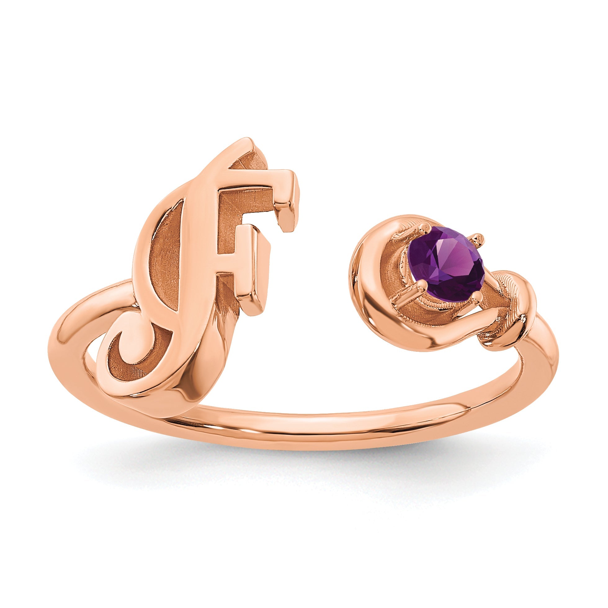 Rose Plated Sterling Silver/Rose Letter F With Birthstone Ring