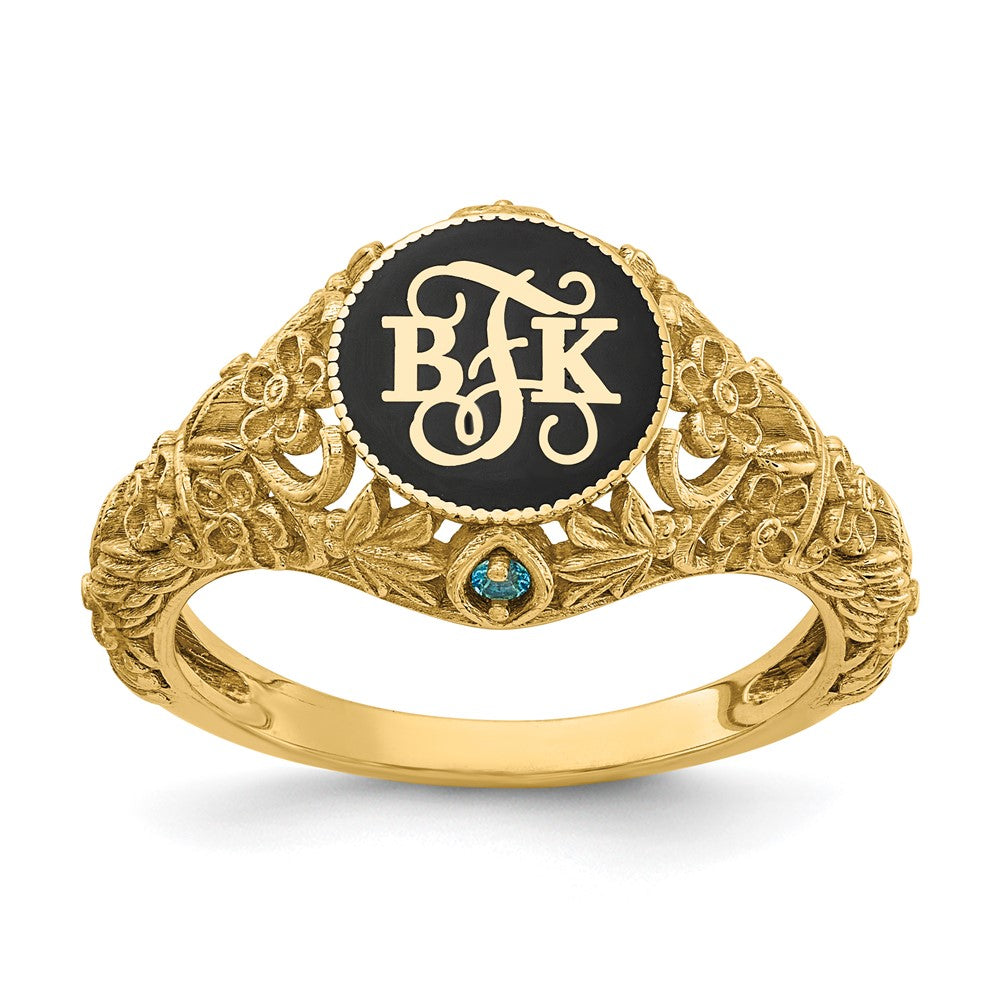 14K Yellow Gold Filigree Epoxy And Birthstone Monogram Ring
