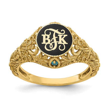 14K Yellow Gold Filigree Epoxy And Birthstone Monogram Ring