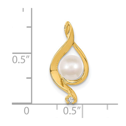 14K Yellow Gold 5.5mm White Round Freshwater Cultured Pearl Vs Diamond Pendant