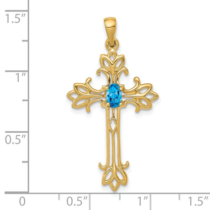 14K Yellow Gold 5X3mm Oval Blue Topaz Cross Pendant