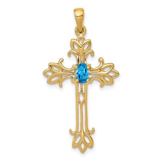 14K Yellow Gold 5X3mm Oval Blue Topaz Cross Pendant