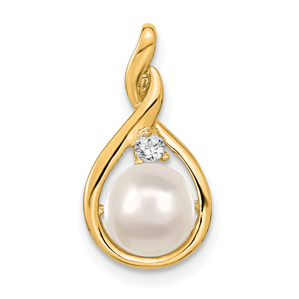 14K Yellow Gold 7mm White Round Freshwater Cultured Pearl Aaa Diamond Pendant